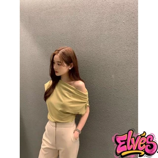 Elves พร้อม💟 เสื้อเปิดไหล่แขนสั้น เรียบหรูสไตล์มินิมอล วินเทจ สีพื้น เข้ารูป(FYP13)