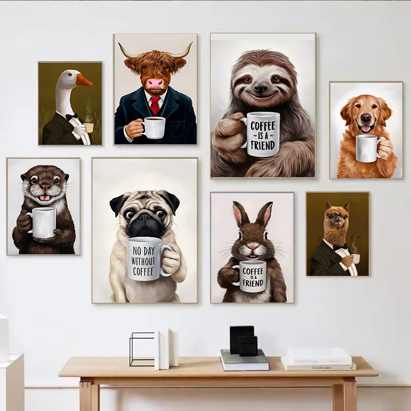 โปสเตอร์สัตว์ในธีมกาแฟ Sloth Pug Dog Coffee พร้อม.Frame จากผ้าใบพิมพ์ สำหรับการตกแต่ง