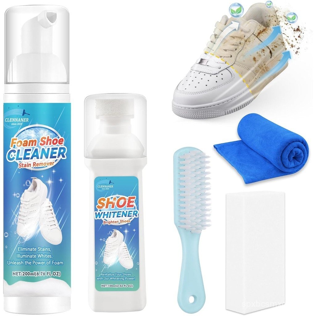 White Shoe Cleaner, 6.76 Oz Shoe Cleaning Kit with Brush and Towel, Sneaker Cleaner Work on Leather,