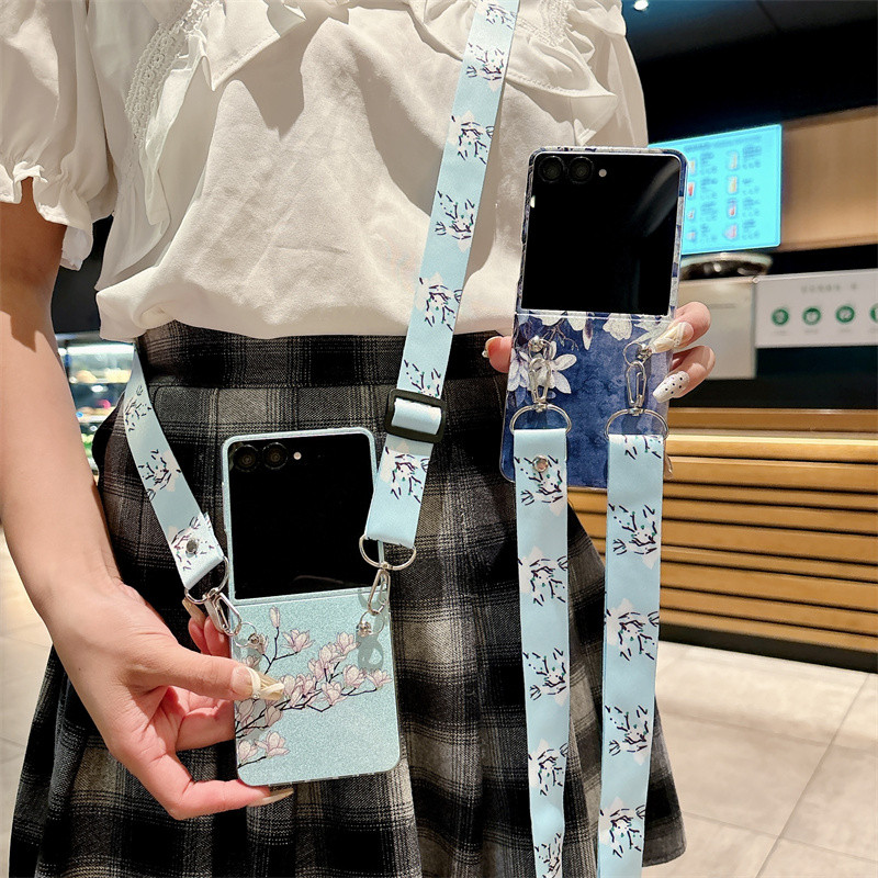 Glitter ดอกไม้สร้อยคอ Lanyard สายคล้องเคสโทรศัพท์สําหรับ Samsung Galaxy Z Flip 7 FE 3 4 5 6 IMD ฝาคร