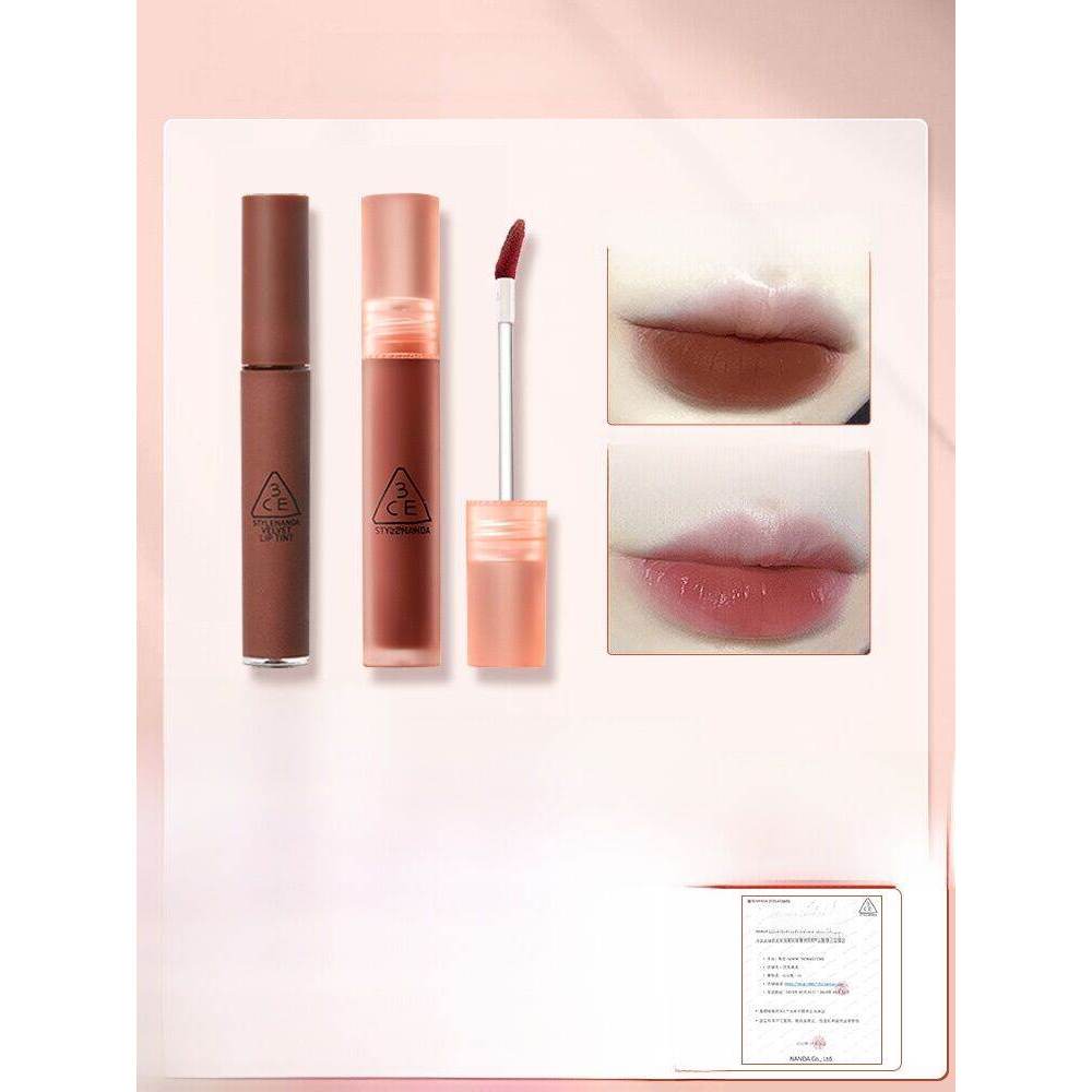 สีใหม่ 3CE Velvet Lip Glaze Water Mist Laydown Matte Mirror ลิปสติก Taupe สีน้ําตาลเครื่องสําอางของผ