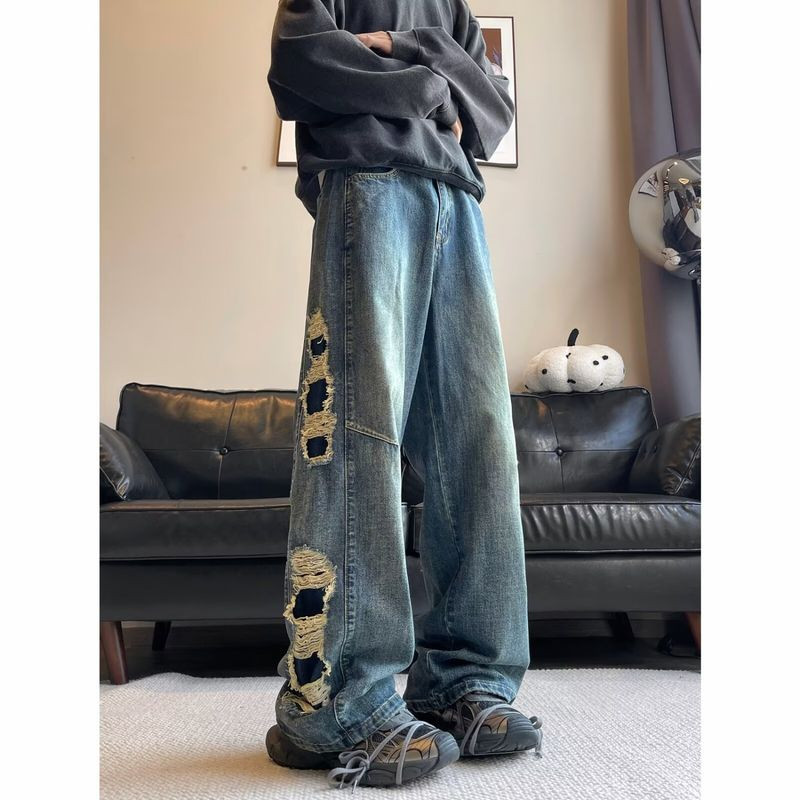 TIDE BEAR Ripped Straight Jeans Youth Casual Trend Design