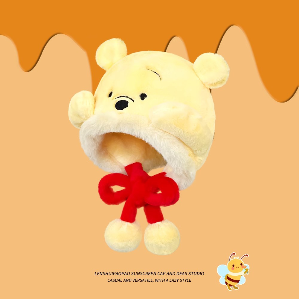 Disney Winnie the Pooh Plush หมวกหญิงฤดูใบไม้ร่วงและฤดูหนาว อบอุ่นและเข้าได้กับทุกสไตล์ เป็นของขวัญที่เหมาะสมสำหรับเพื่อน