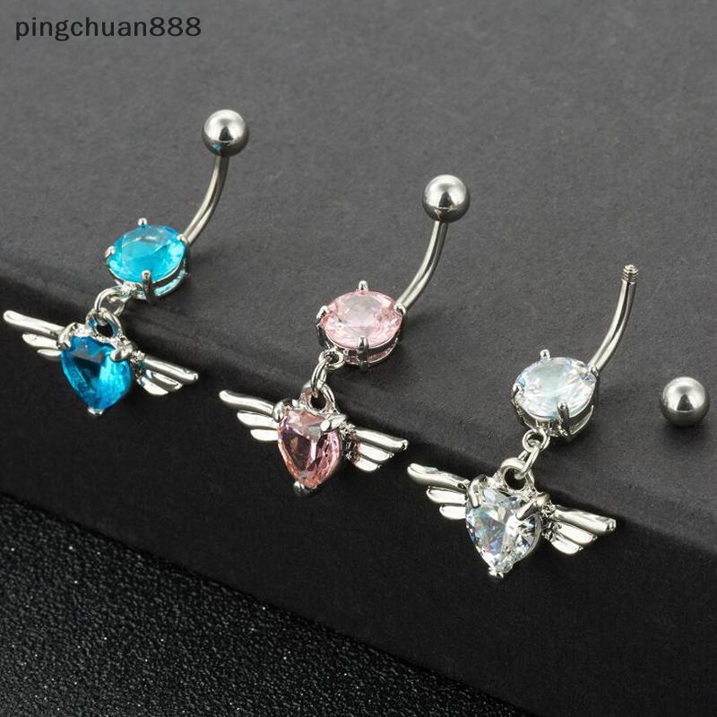 Pingchuan888 14G Heart Wing คริสตัลสะดือปุ่มท้องแหวน Barbell Body เจาะเครื่องประดับ Nice