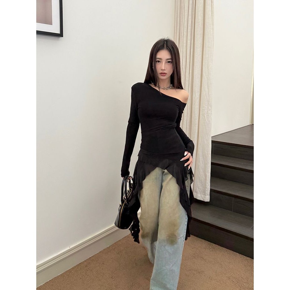 JalitaCeria Off-the-shoulder สีดําคอยาวแขนยาวเสื้อยืด Tops สําหรับผู้หญิงฤดูใบไม้ร่วงไม่สม่ําเสมอบาง