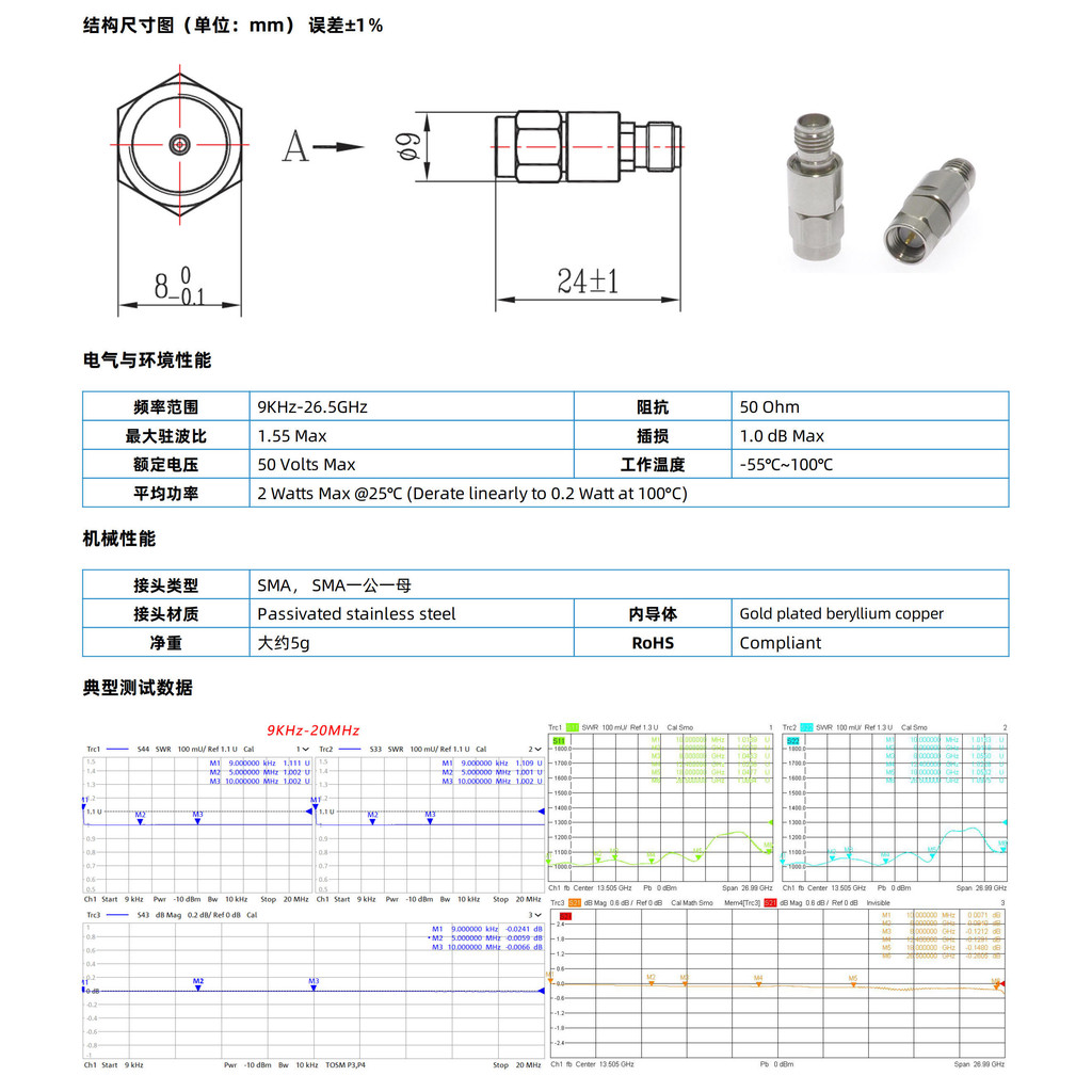 9KHz-26.5 GHz 50V 2W SMA RF ไมโครเวฟ Coaxial Straightener/DC Block