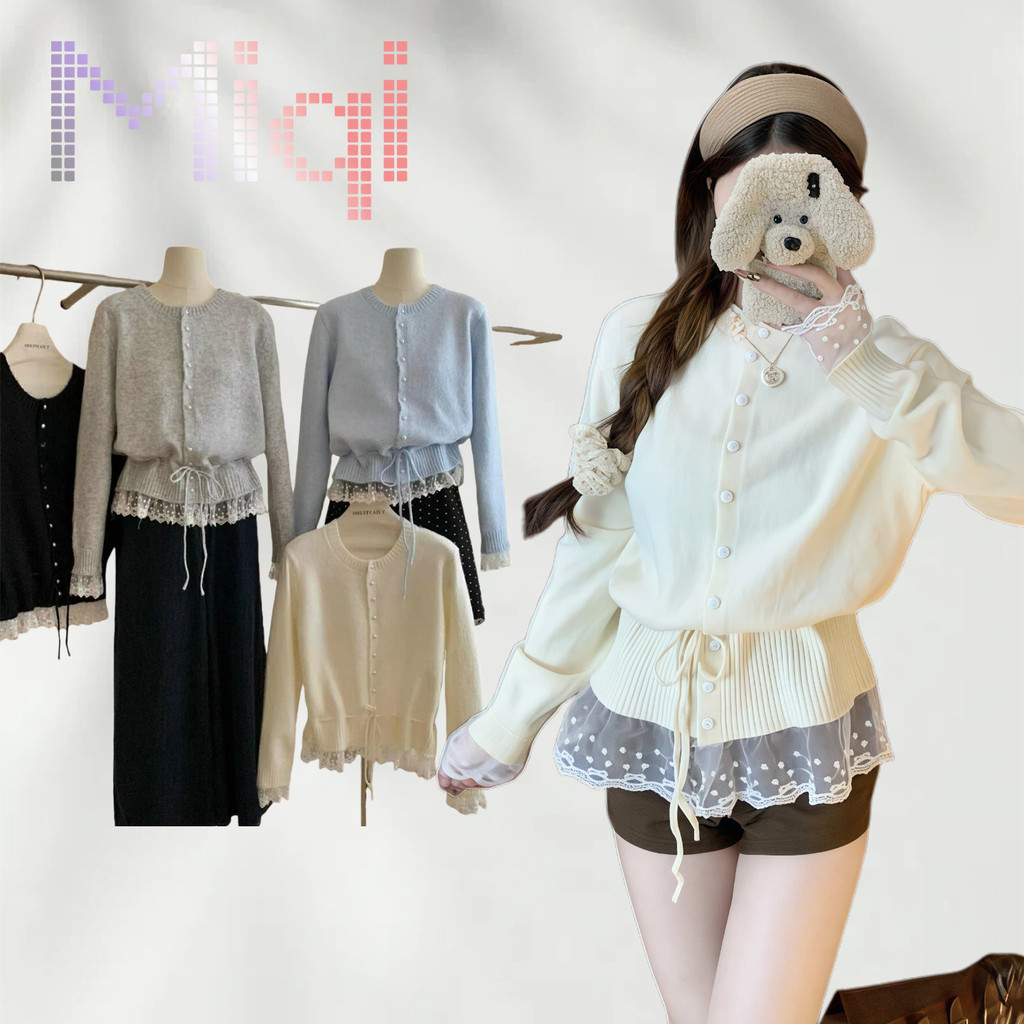 💖Miqi💖เสื้อไหมพรม แขนยาว คอกลม แต่งลูกไม้ ผ้าใส่สบาย คาร์ดิแกน สไตล์ลำลอง กันหนาว น่ารัก#V138