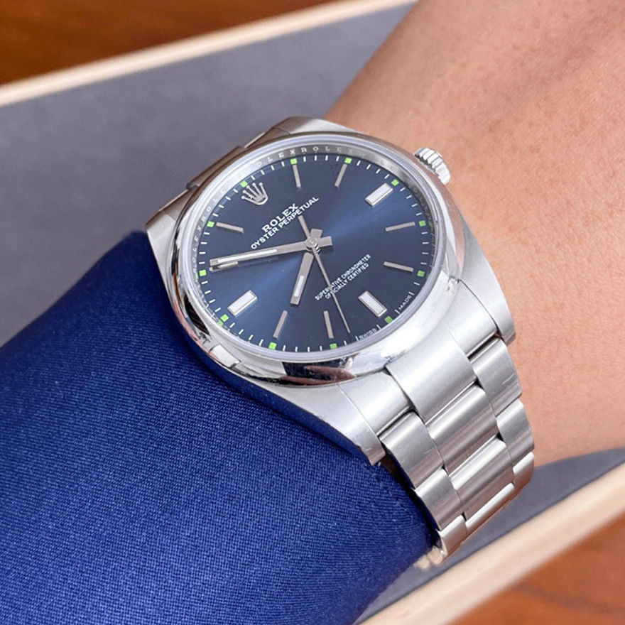 Rolex Mens Rolex Oyster Style นาฬิกาข้อมือถาวร Mechanical Automatic Watch 39mm114300จานสีน้ําเงิน