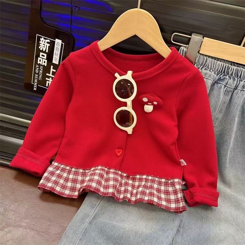 เสื้อสเวตเตอร์แขนยาวสีแดงสำหรับเด็กผู้หญิง ออกแบบมาในสไตล์ฤดูใบไม้ร่วงที่น่ารักและสวมใส่ง่าย - รูปที่ 6