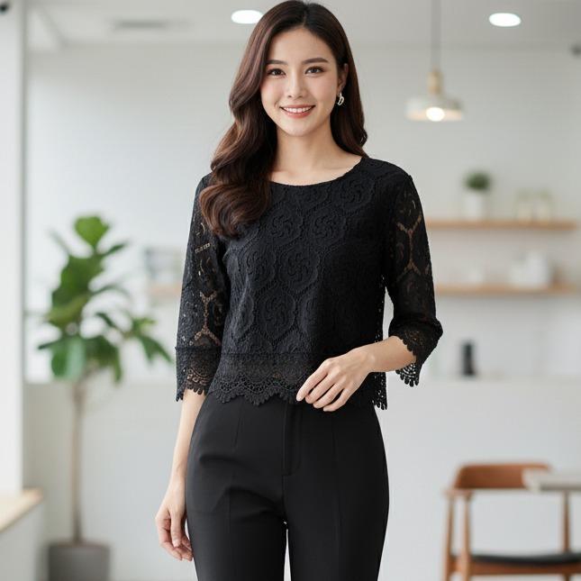PINKเสื้อลูกไม้ดำทรงครอป แขนสามส่วน คอกลม สุภาพ 8190