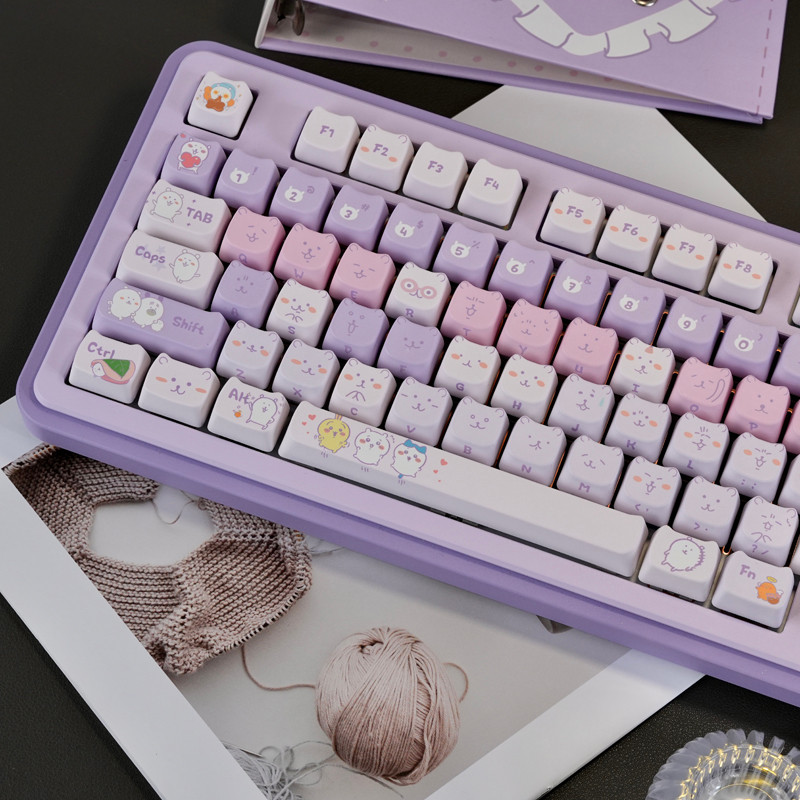 【พร้อมส่งจากไทย】Happy Bear Keycaps 130 คีย์/ชุด MAO PBT Keycaps สีม่วงหมี Dye Sub Keycap MAC คีย์สําหรับ Mx สวิทช์คีย์บอร์ดน่ารัก Key Caps