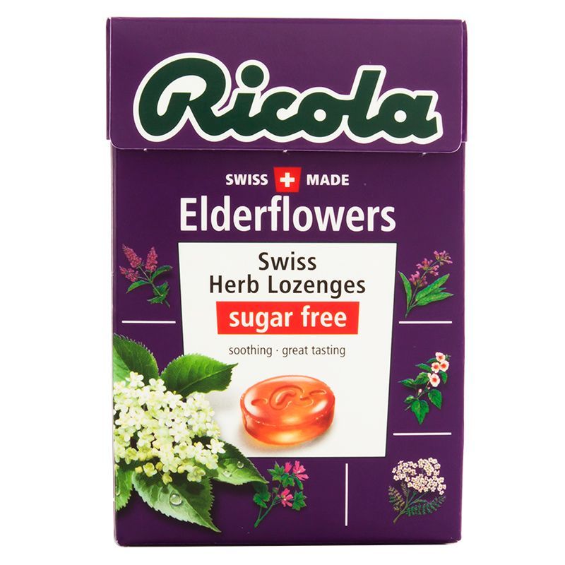 ริโคลาลูกอมปราศจากน้ำตาลกลิ่นดอกเอลเดอร์ 40ก Ricola Elderflower Sugar Free Candy 40g [หมายเลขบาร์โค้ด 7610700007365 ]