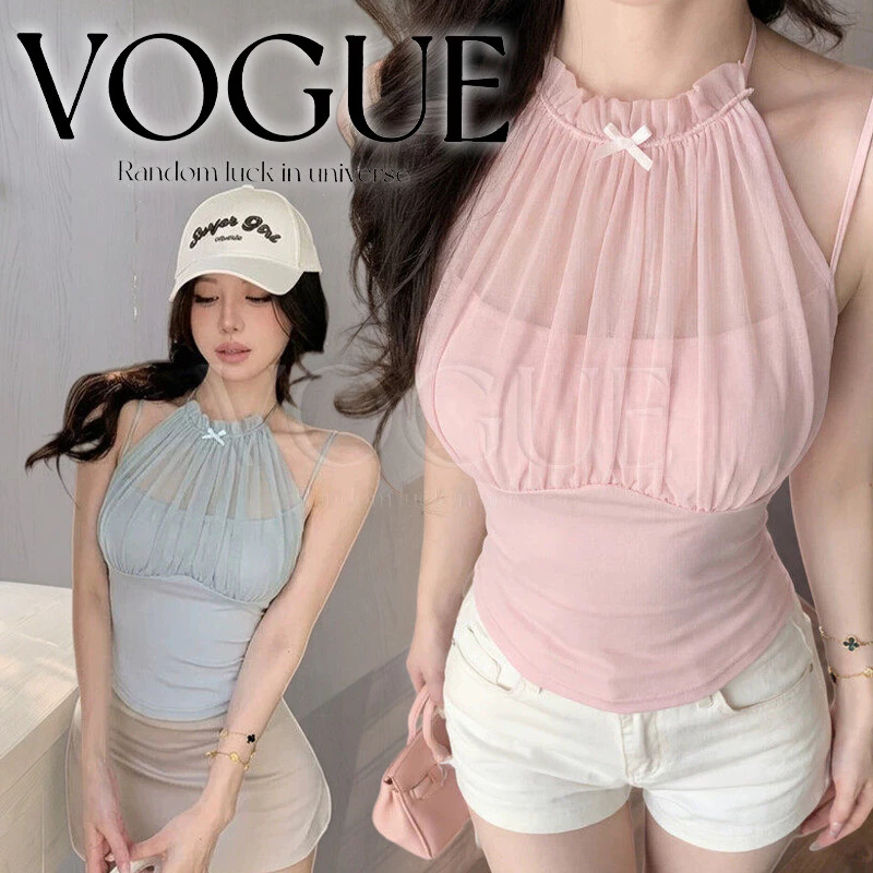 Vogue🌟พร้อมส่ง🌟 เสื้อสายเดี่ยว ดีไซน์คล้องคอผ้าชีฟอง สีพาสเทลมีฟองน้ำในตัว สไตล์ลูกคุณหนู (FY5191)