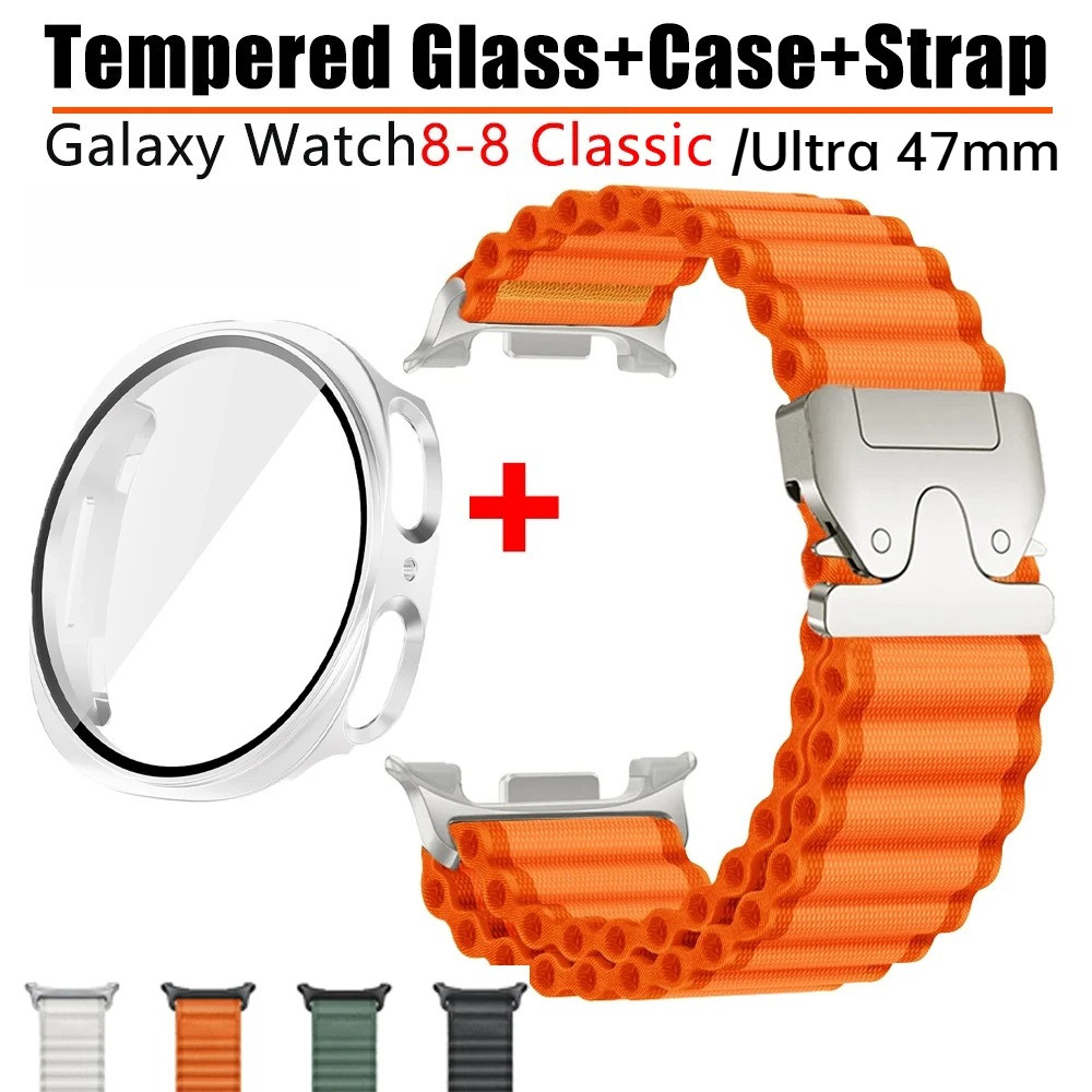 กระจกนิรภัย + กรณี + สายไนลอนสําหรับ Samsung Galaxy Watch 9 8 44/40 มม.8Classic 46 มม.กีฬา Loop Band Galaxy Ultra 47 มม.2025/ 2024 Full Screen Protector สร้อยข้อมือ