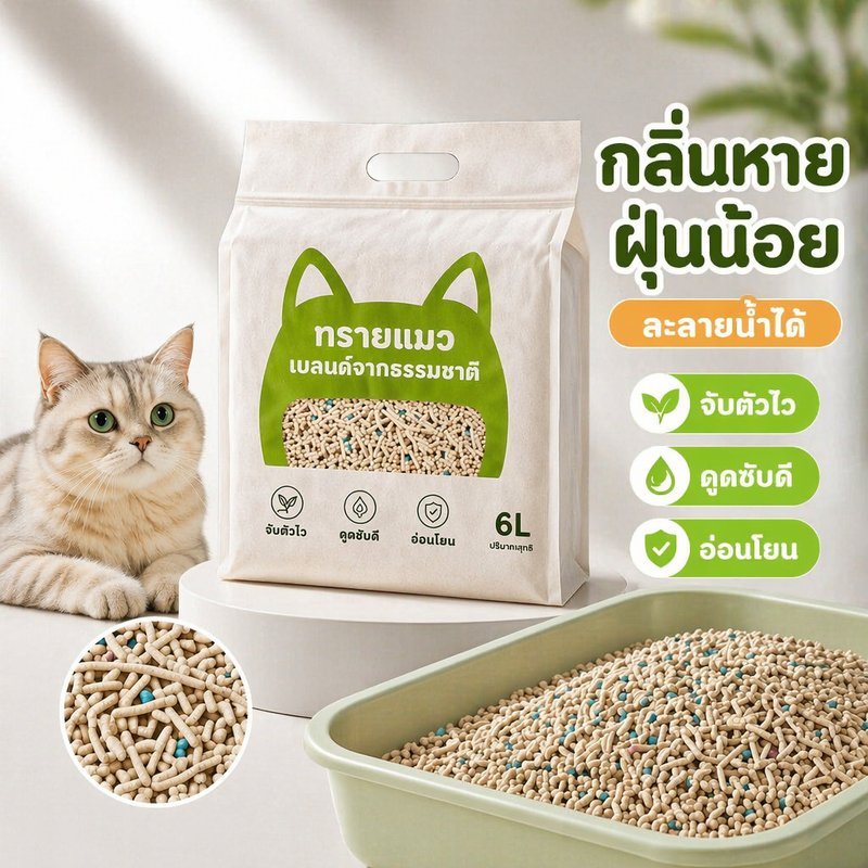 ทรายแมวเต้าหู้ ผสมเบนโทไนท์ จับตัวเป็นก้อนแน่น ดูดซับเร็ว ดับกลิ่น ฝุ่นน้อย ละลายน้ำได้ 6L