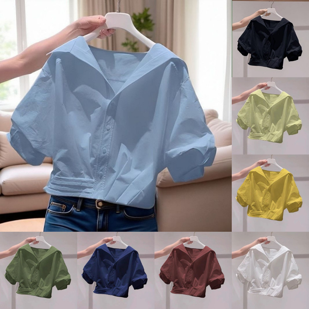 เสื้อเชิ้ตแขนสั้นผู้หญิงเวอร์ชั่นเกาหลีหลวมด้านบนแขนฟองสั้นขนาดเล็ก