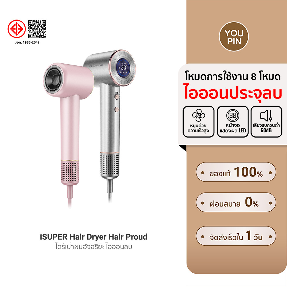 (ส่งด่วนฟรี!) iSUPER Hair Dryer Hair Proud ไดร์ไอออนลบ ความเร็วลมสูง เป่าผมแห้งไว 2 นาที 1600W -1Y