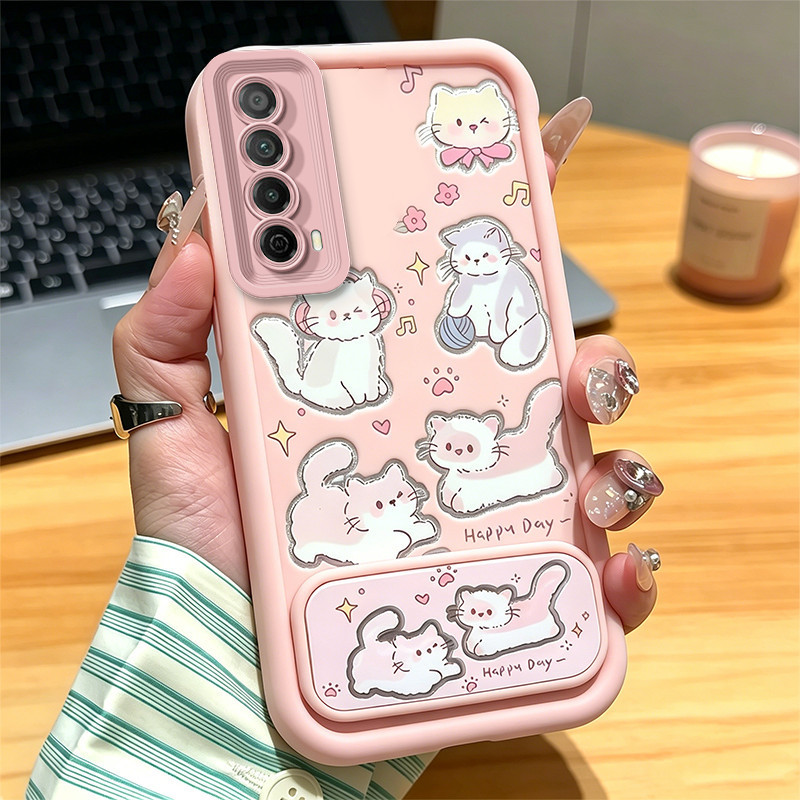 เคสสําหรับHuawei y7a 2021 เคสโทรศัพท์Softcaseซิลิโคนกันกระแทกดีไซน์ใหม่ความงามแมวน่ารักสีชมพูพร้อมที่วางJTKLMZJ3