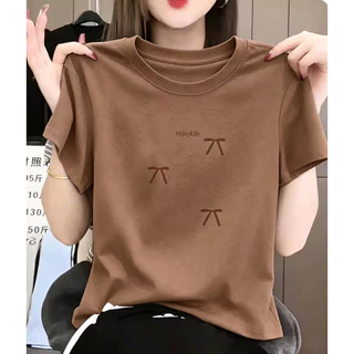 COD เสื้อยืดครอปสั้น ผู้หญิง ลายคำ enjoykife โบว์ เนื้อผ้าบางระบายอากาศ เหมาะหน้าร้อน ทรงสวยใส่กับกางเกง/กระโปรง