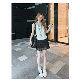 MUDO เสื้อผ้าถักสายเดี่ยวคล้องคอคอV สไตล์เซ็กซี่สง่างาม รัดเอวรอยพับข้าง ยืดหยุ่นสูง ดูผอม ซ่อนเนื้อ เข้ากับทุกชุด #1016
