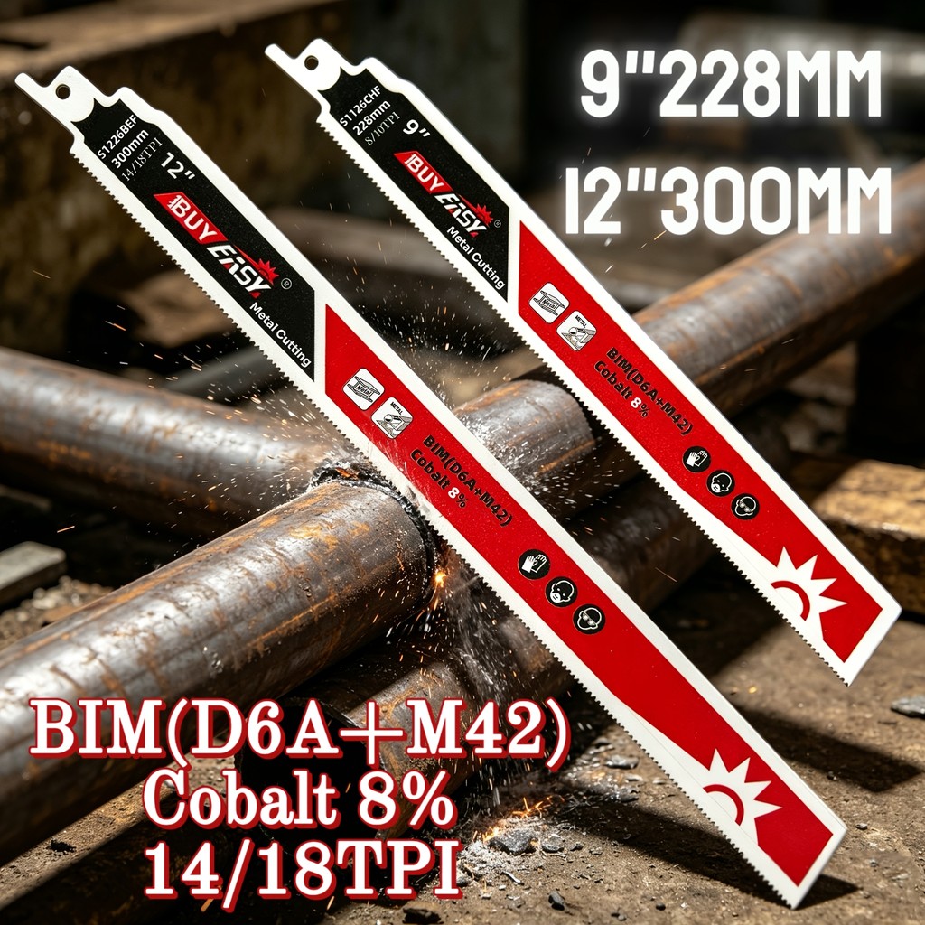 ใบเลื่อยสั่นตัดโลหะ Bi-Metal ผสมโคบอลต์ 8% ขนาด 9 นิ้ว 225 มิล / 12 นิ้ว 300 มิล ฟัน 14TPI /18TPI ทนทานไม่หักง่าย รูยึด T-Shank มาตรฐาน สำหรับตัดท่อเหล็ก เหล็กเส้น สแตนเลส อะลูมิเนียม รื้อถอนงานก่อสร้าง ช่างประปา ซ่อมรถยนต์ ใช้ได้กับเครื่องสั่นสายไฟไร้สาย