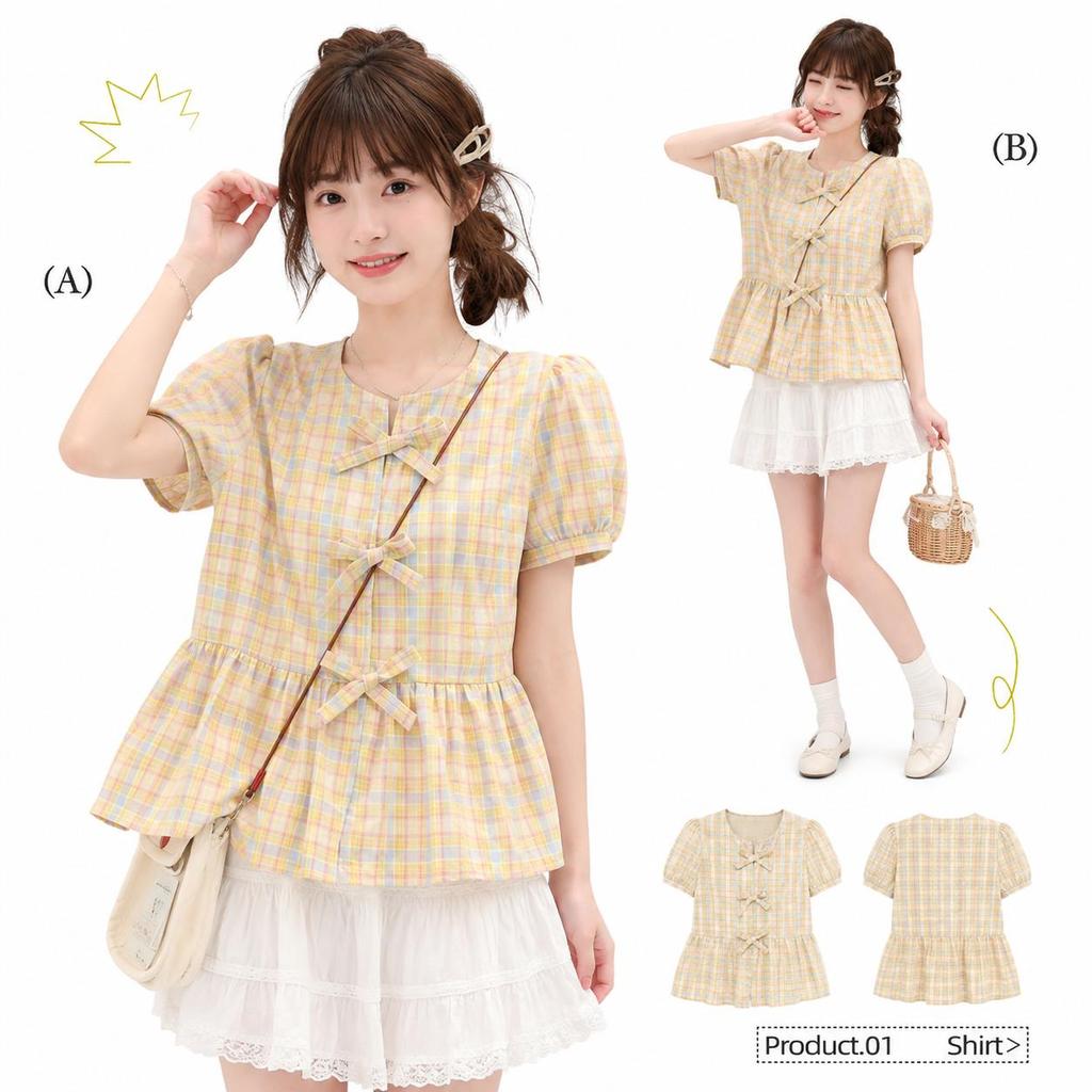 Chili Koko เสื้อแขนสั้นลายสก็อตสไตล์เกาหลีสำหรับผู้หญิง เสื้อทรงเบบี้ดอลล์ผูกโบว์ด้านหน้าสไตล์ใหม่สำหรับฤดูร้อน 99497