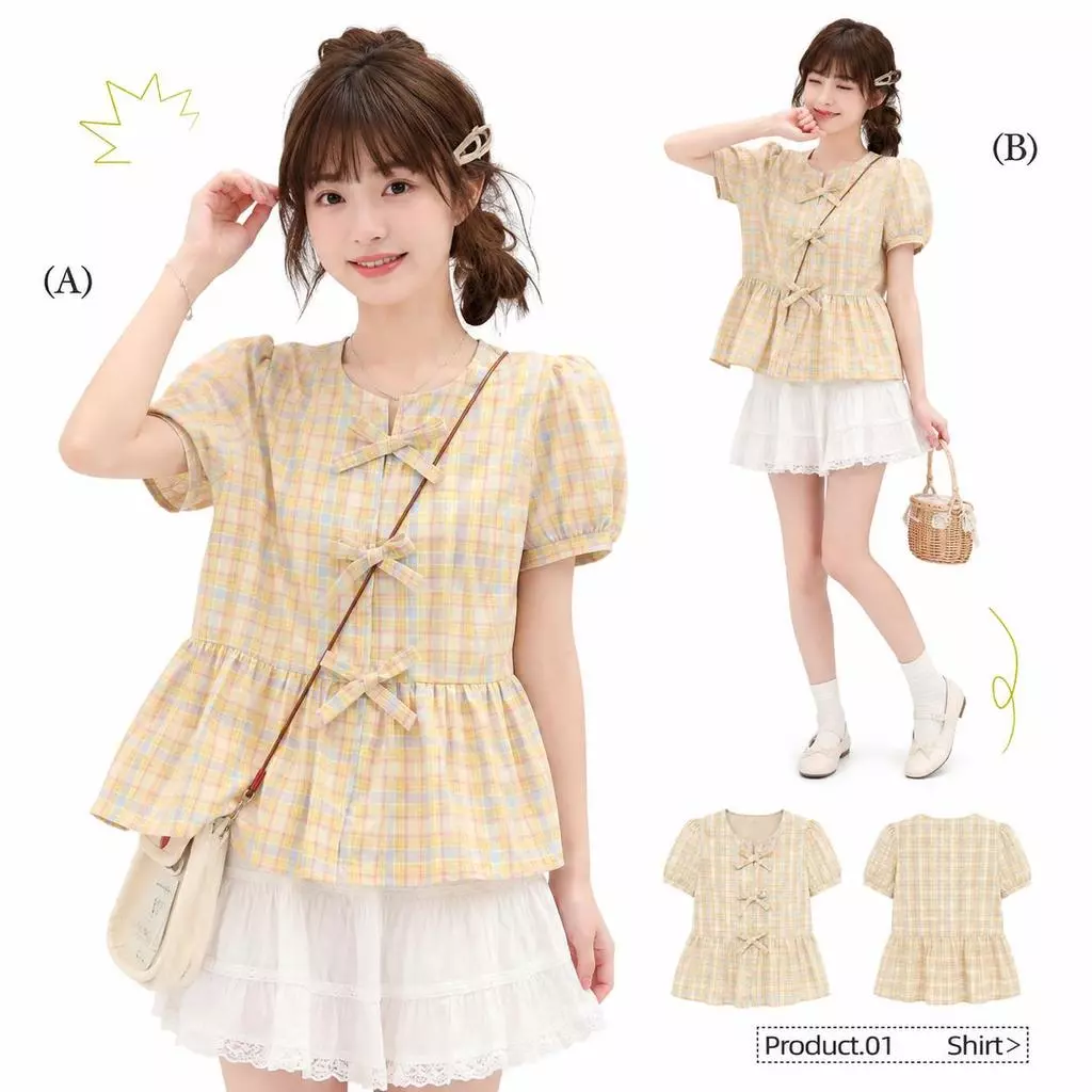 Chili Koko เสื้อแขนสั้นลายสก็อตสไตล์เกาหลีสำหรับผู้หญิง เสื้อทรงเบบี้ดอลล์ผูกโบว์ด้านหน้าสไตล์ใหม่สำหรับฤดูร้อน 99497