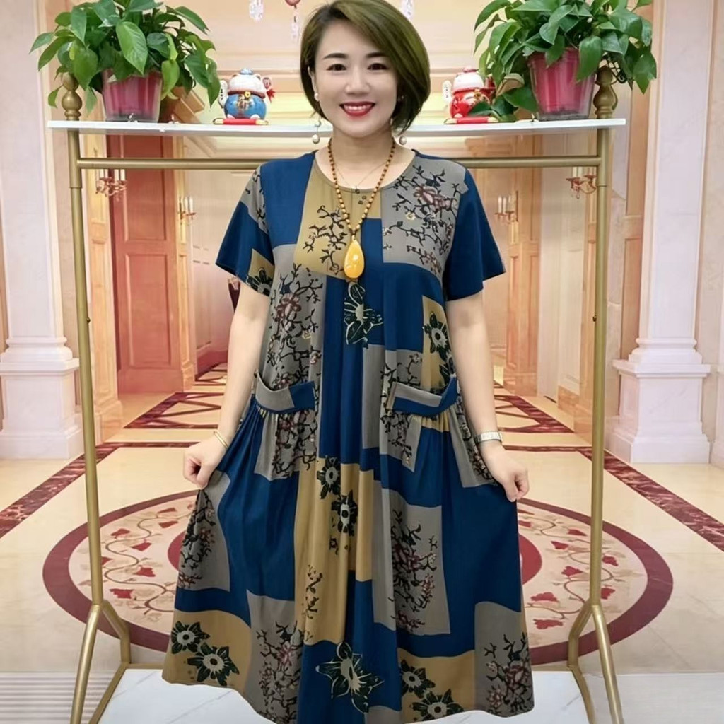 ชุดเดรสยาวปานกลางติดกระดุมลายสก๊อตสําหรับผู้หญิงกระโปรงลําลองทรงหลวมคอกลมแขนสั้น