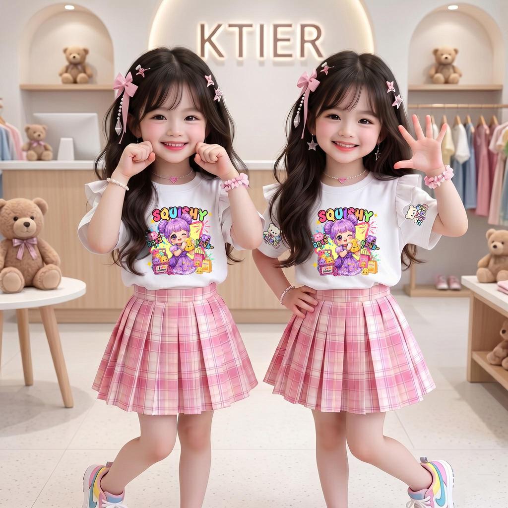 ชุดเซ็ทเด็ก2ชิ้น เสื้อลายสกุชชี่ Squishy สุดฮิต แขนปีกนก+กระโปรงอัดพลีท