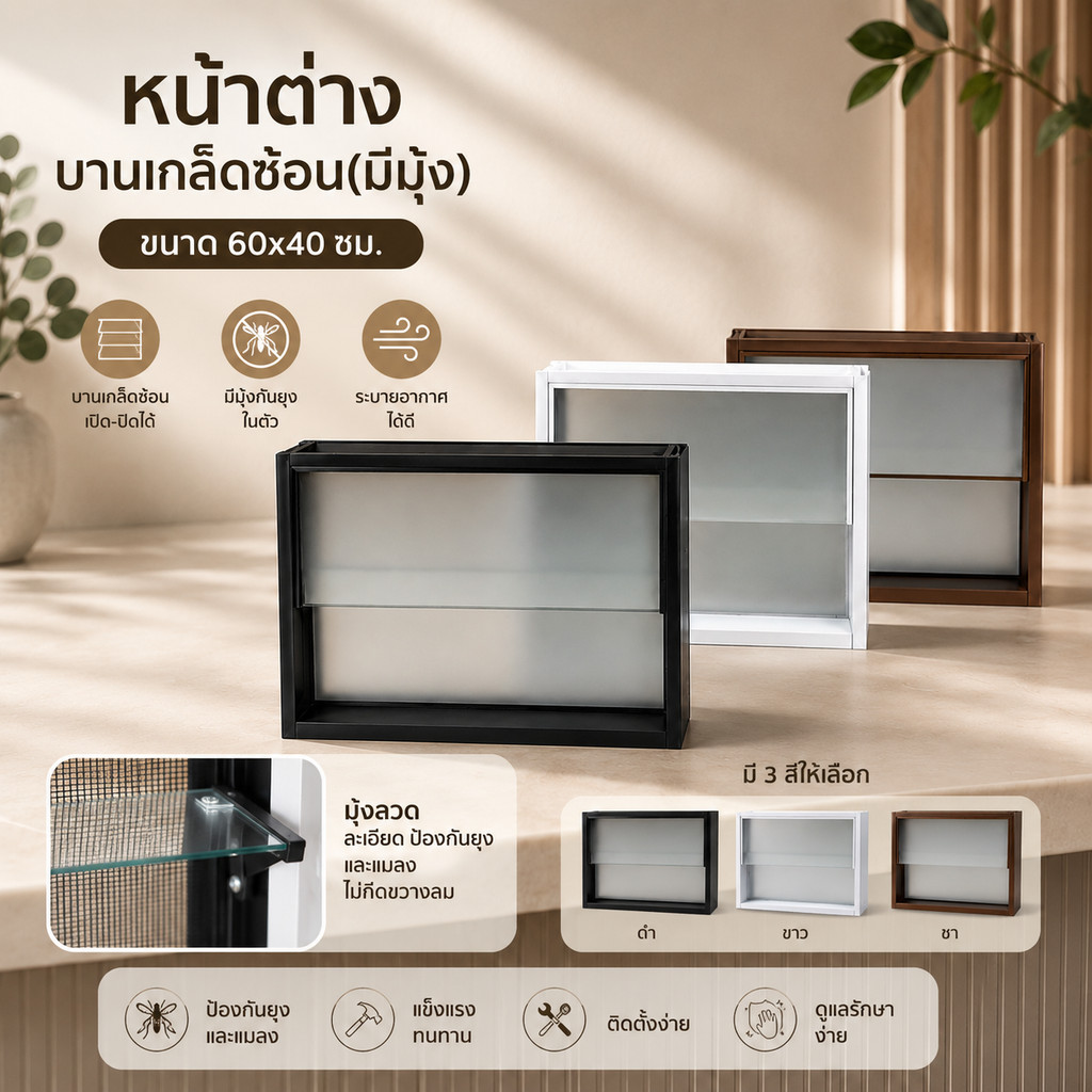หน้าต่างบานเกล็ดซ้อน อลูมิเนียม ขนาด 60x40 ซม. มีหลายสี หน้าต่างระบายอากาศสำเร็จรูป (มีมุ้ง) พร้อมส่ง