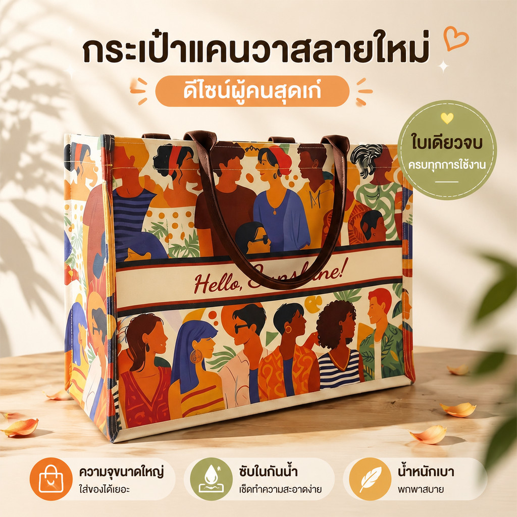 กระเป๋า Tote ผ้าแคนวาส 12oz ใบใหญ่ (กันน้ำ) ใส่แล็ปท็อป/A4 ได้ ดีไซน์มินิมอล กระดุมแม่เหล็ก