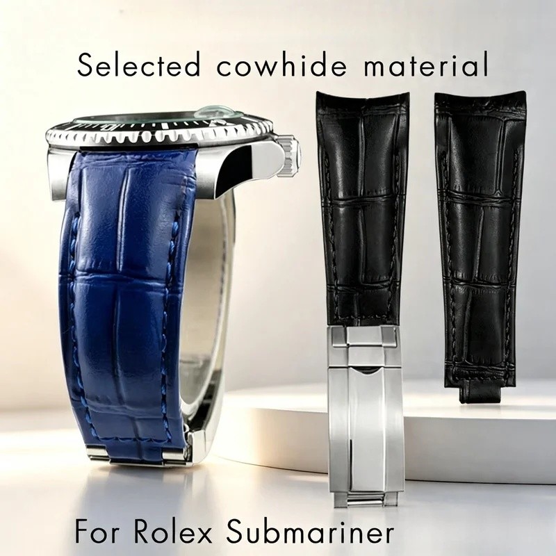 20 มม. คุณภาพปลายโค้งสายนาฬิกาหนังแท้เหมาะสําหรับ Rolex Submariner GMT Hulk สีเขียวสีฟ้า Cowhide สาย