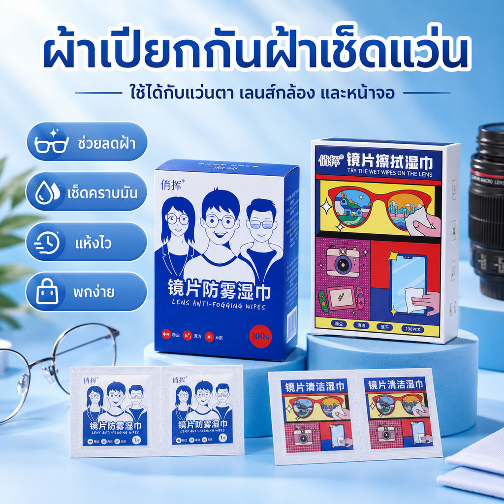 กระดาษเปียกเช็ดแว่นกันฝ้า ผ้าเช็ดเลนส์ครั้งเดียว ป้องกันฝ้า ลดรอยนิ้วมือ สำหรับแว่นตาและอุปกรณ์ดิจิทัล ส่งเร็ว เช็ดใส