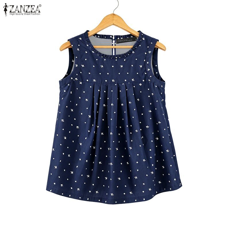 Zanzea ผู้หญิงเกาหลีทุกวันรอบคอ Polka Dot Ruffle หลวม Line Tank