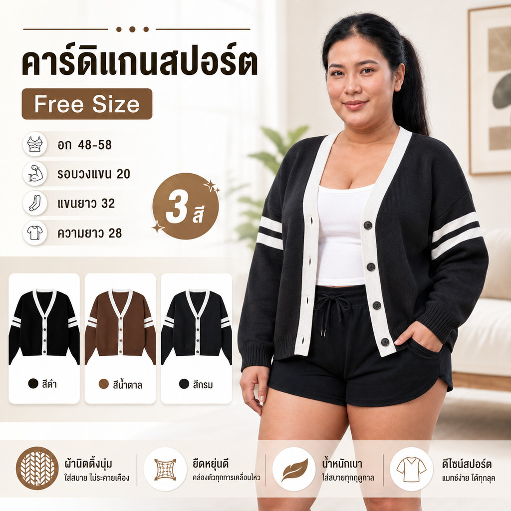 เสื้อกันหนาวไหมพรมแขนยาว แบบติดกระดุมทรงคอวี แขนแต่งเส้น เก๋ๆ ชิคๆ ผ้านุ่มนิ่ม ใส่สบายมาก งานยอดฮิต