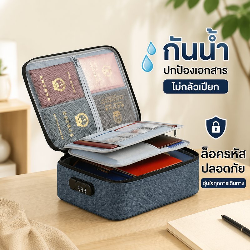 กระเป๋าเก็บเอกสารสำคัญ กันน้ำ ล็อครหัสผ่าน ใส่พาสปอร์ต โฉนด ทะเบียนบ้าน ช่องเยอะ พกพาเดินทาง