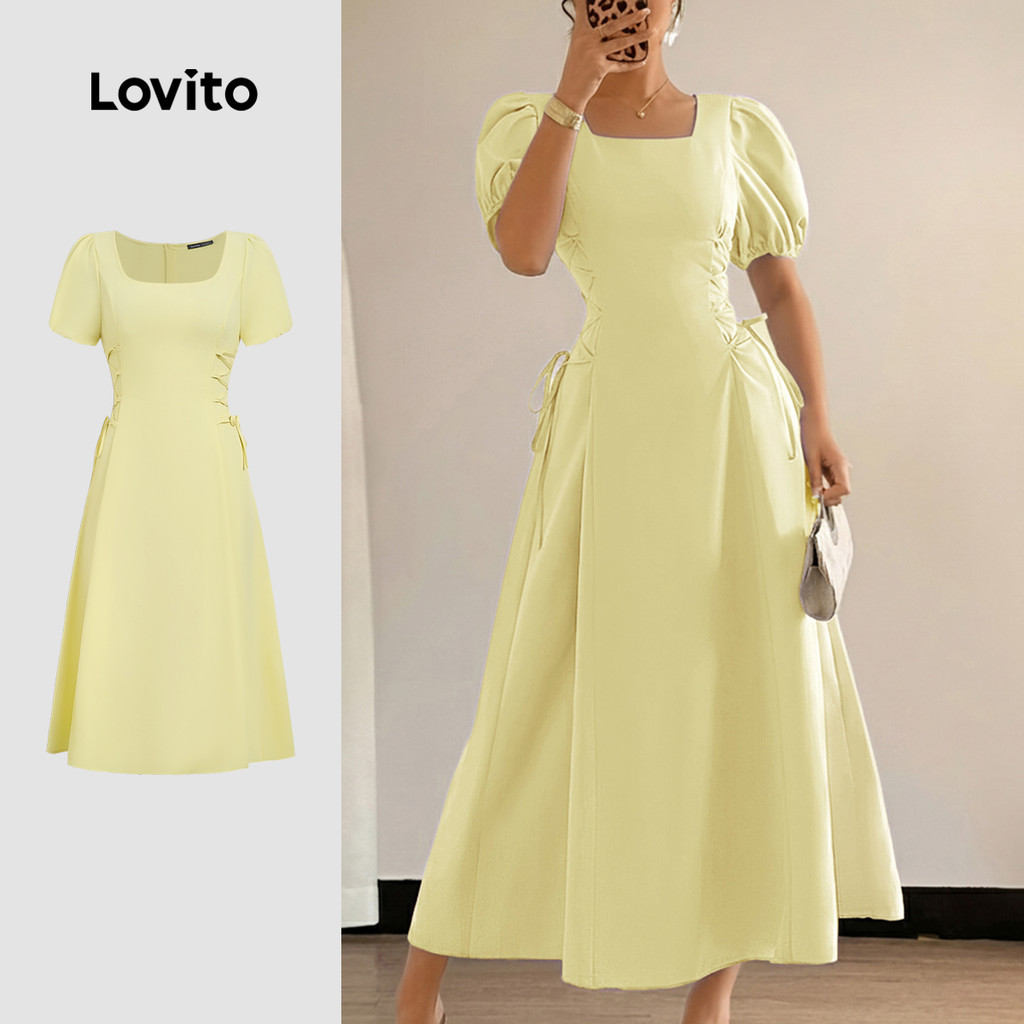 Lovito สง่างาม เดรสผู้หญิงสีเหลืองสําหรับฤดูใบไม้ผลิ/ฤดูร้อน มีซิปผูกเชือกที่ LK3LD424