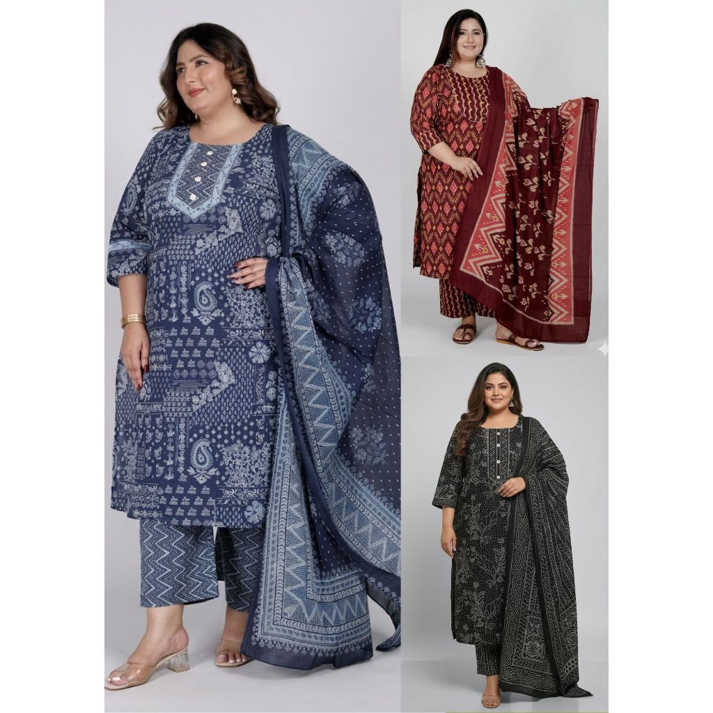 DEBAYU Plus Size Cotton Straight Kurti with Bottom & Duptata Set Size 4XL ถึง 8XL