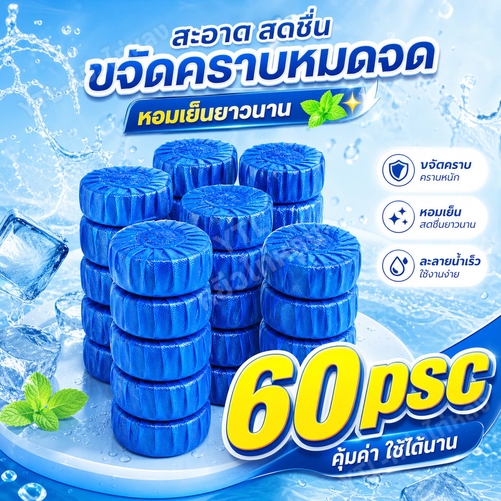 60ชิ้น ก้อนฟ้าดับกลิ่น สบุดับกลิ่นชักโครก ระงับกลิ่น ดับกลิ่นถังชักโครก ดับกลิ่นห้องน้ำ สะอาดและถูกสุขลักษณะ