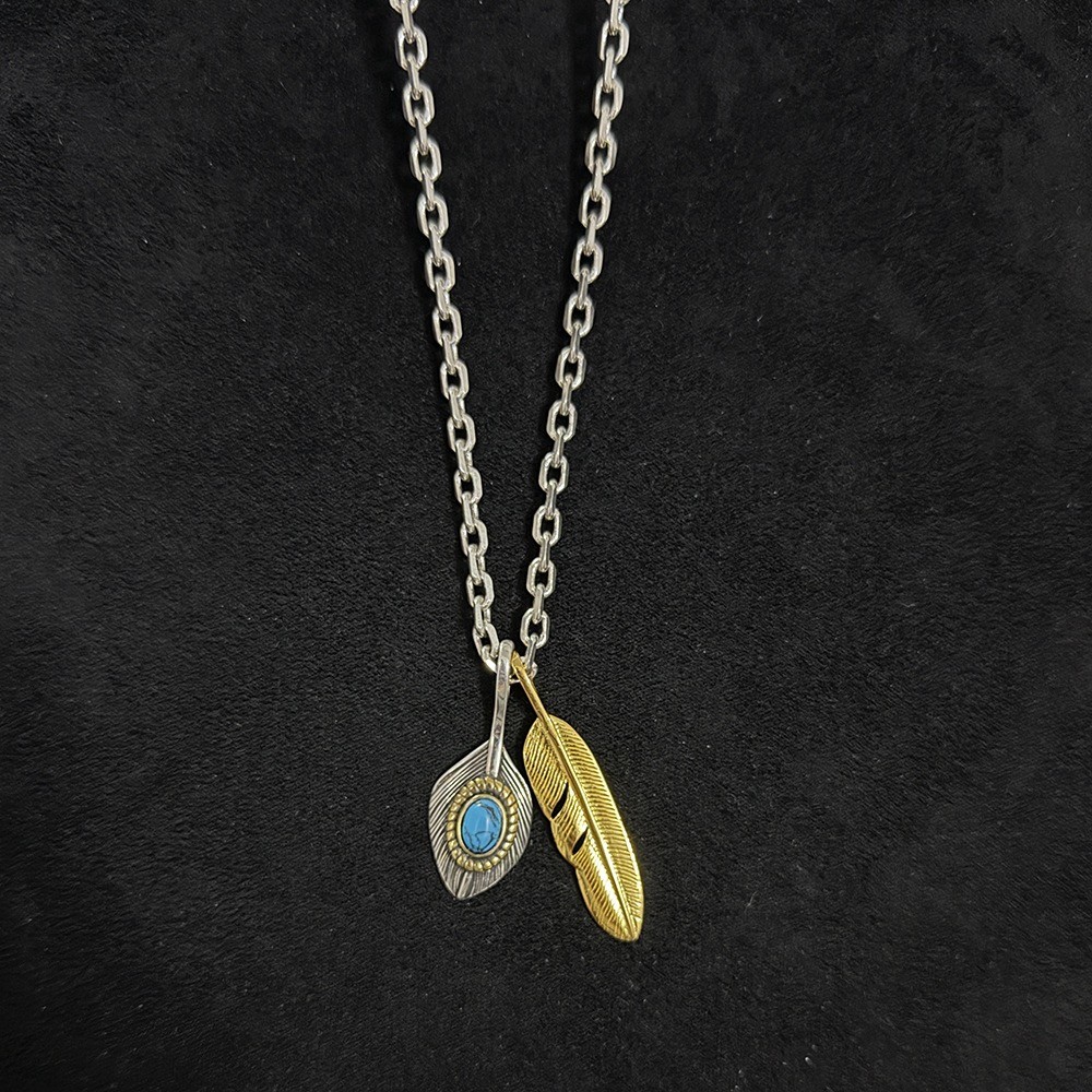 สร้อยคอ/American Retro Niche Distressed Silver Turquoise Feather + Bright Gold Feather จี้คู่หนาสร้อยคอสร้อยคอสี่เหลี่ยม