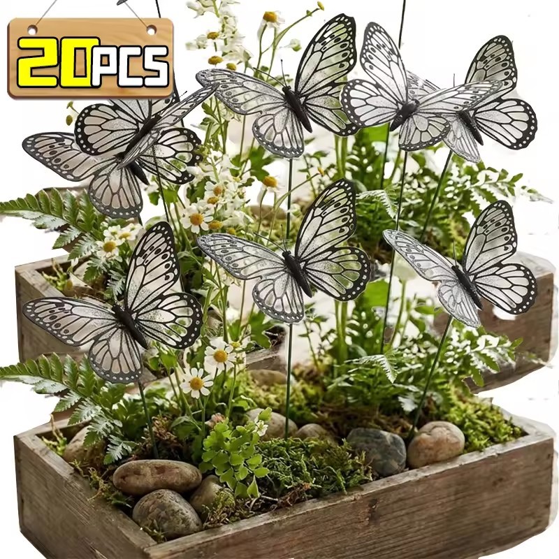 3D สีดําสีขาวประดิษฐ์ผีเสื้อสวน Stakes - Elegant Butterflaies Plugins สําหรับแจกันดอกไม้ Patio สนามห