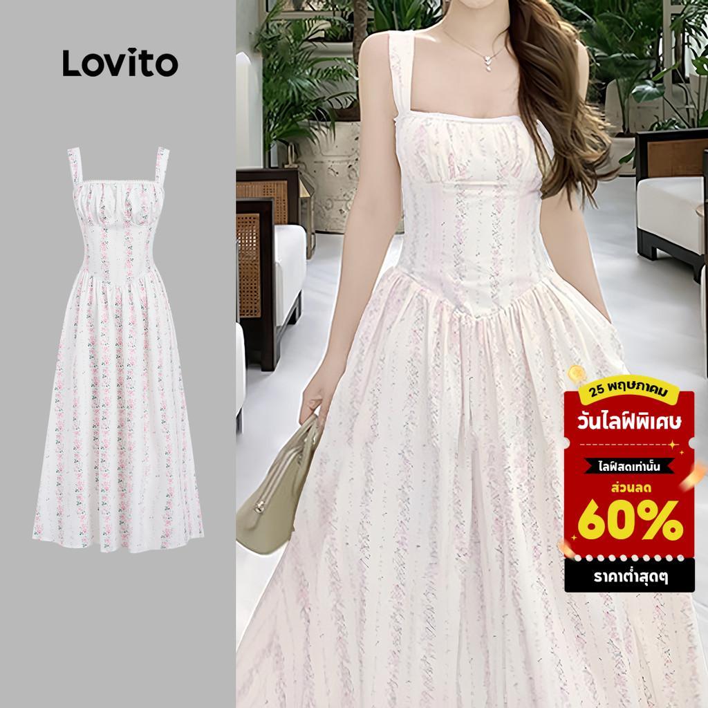 Lovito โบโฮ เดรสลายลูกไม้ เดรสสไตล์รีสอร์ตสําหรับผู้หญิง เหมาะสําหรับฤดูใบไม้ผลิและฤดูร้อน เกาหลี อินเทรนด์ L191AD019