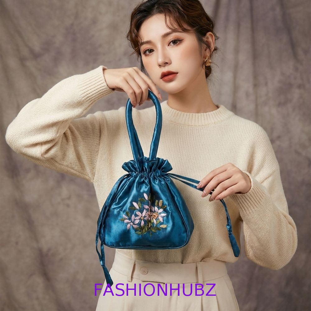 Fashionhubz กระเป๋าหูรูด ผ้าไหมซาติน ปักลายดอกไม้ สไตล์ชนเผ่า ย้อนยุค เกาหลี แม่ กระเป๋าสตางค์ใบเล็ก เดินทาง