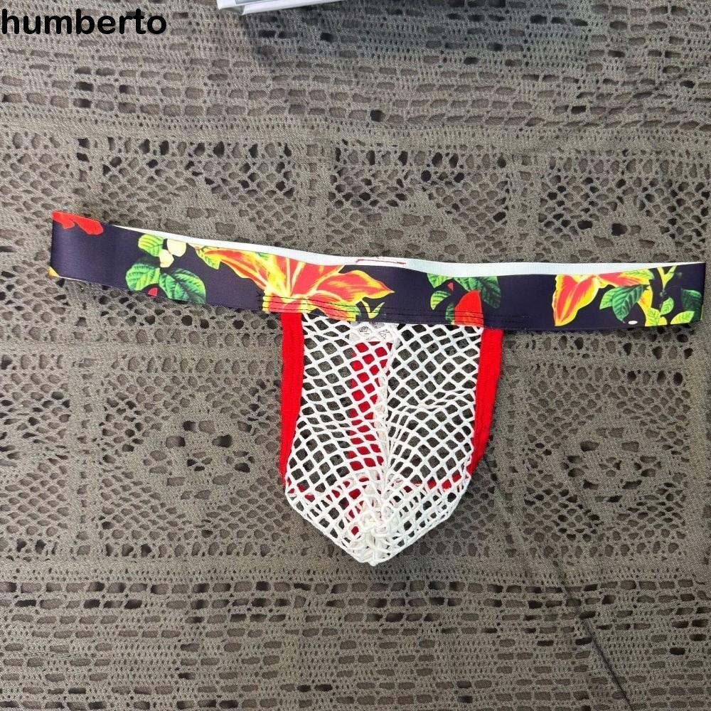 HUMBERTO ผู้ชายดอกไม้ตาข่าย Thongs, กางเกง Bohemian ดอกไม้กางเกงผู้ชาย,สไตล์วันหยุดโปร่งใสชุดชั้นในช