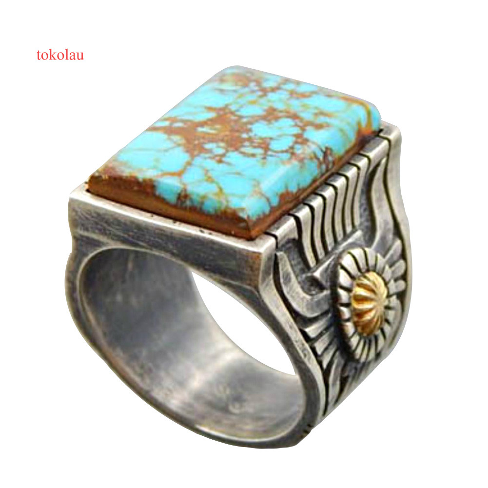 Retro แกะสลักดอกทานตะวัน Faux Turquoise ฝังแหวนผู้หญิงจัดเลี้ยงเครื่องประดับของขวัญ