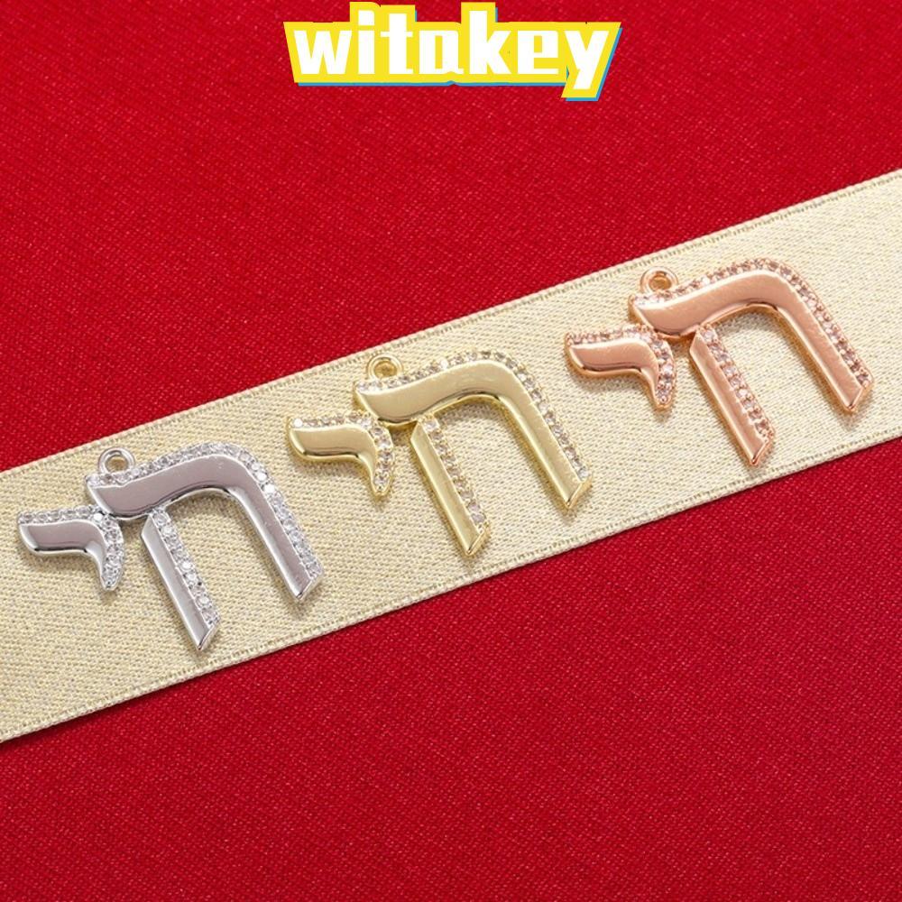 WITAKEY Chai จี้, ทองเหลืองขัดเงา Hebrew จี้ตัวอักษร, Rhinestone Inlay Top แขวนห่วง Gold Tone Hebrew