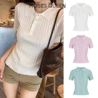 MOSESQUEEN เสื้อถักนิตติ้งสีน้ําเงินอย่างมากของผู้หญิงสําหรับฤดูร้อนน้ําหนักเบาเสื้อโปโลสไตล์วัยรุ่นแขนสั้น #69076