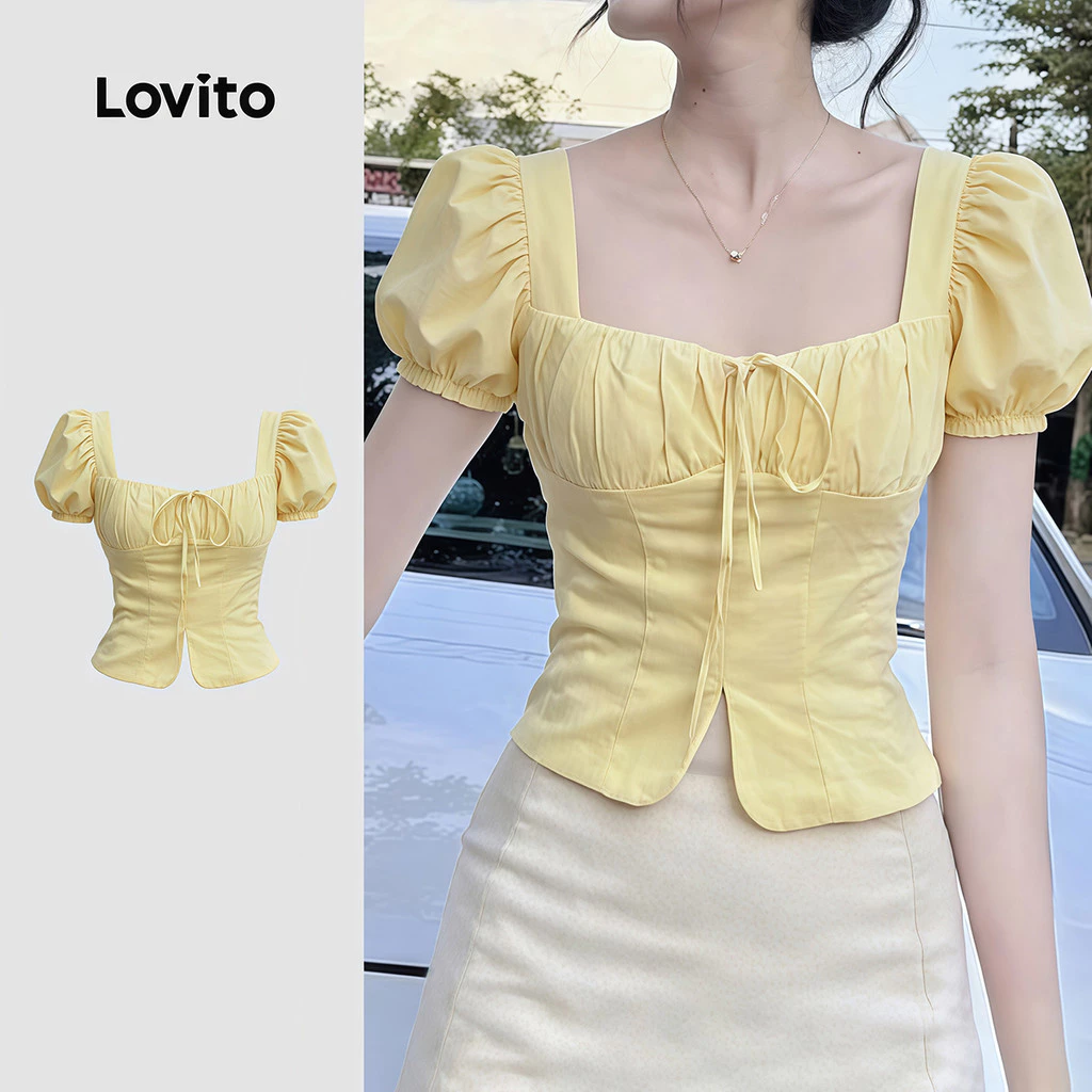 (แคชชวล) Lovito เสื้อเชิ้ตผู้หญิงสีเหลืองสําหรับฤดูใบไม้ผลิ/ฤดูร้อน แต่งลูกไม้และจีบพลีท LK4ED1330