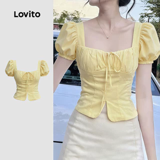(แคชชวล) Lovito เสื้อเชิ้ตผู้หญิงสีเหลืองสําหรับฤดูใบไม้ผลิ/ฤดูร้อน แต่งลูกไม้และจีบพลีท LK4ED1330