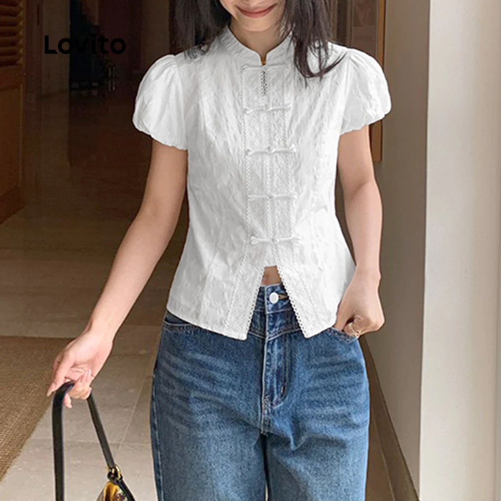 (แคชชวล) Lovito ปุ่มเสื้อฤดูร้อน/ฤดูใบไม้ผลิสําหรับผู้หญิง เกาหลี อินเทรนด์ L125AD369